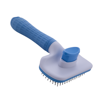 Zelfreinigende Honden- &amp; Kattenborstel &ndash; Slicker Ontklitborstel met Drukknop &ndash; Anti-Klit Vachtverzorging &ndash; Borstel tegen Verharen &ndash; Ergonomisch &ndash; Voor Lang- &amp; Korthaar &ndash; Blauw