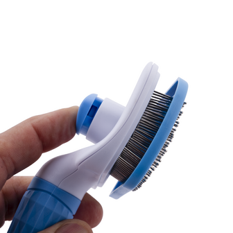 Zelfreinigende Honden- &amp; Kattenborstel &ndash; Slicker Ontklitborstel met Drukknop &ndash; Anti-Klit Vachtverzorging &ndash; Borstel tegen Verharen &ndash; Ergonomisch &ndash; Voor Lang- &amp; Korthaar &ndash; Blauw